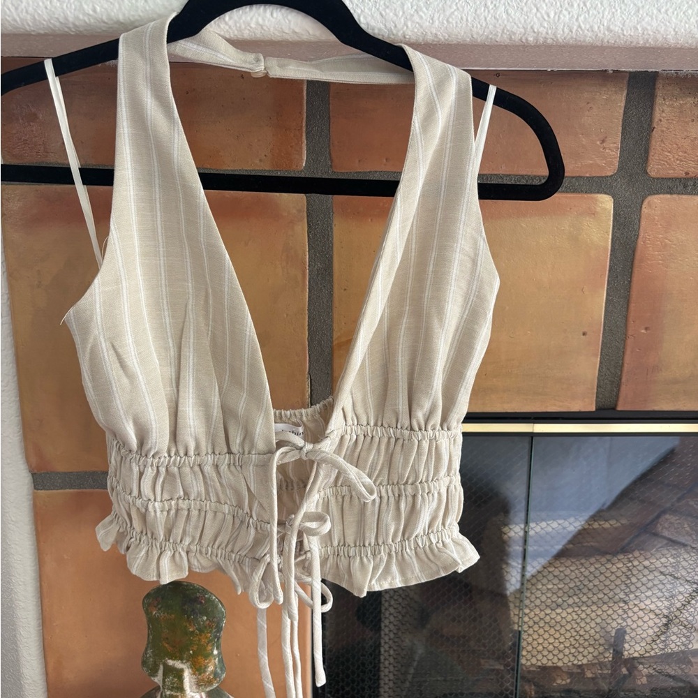 One clothing Beige striped Halter Ruched Waist Crop Top with ope tie details - Picture 2 of 4